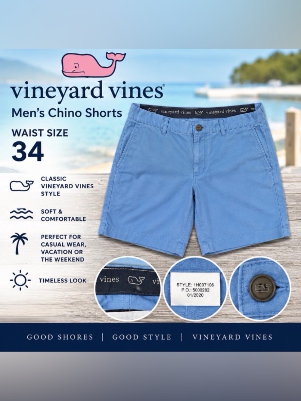 Vineyard Vines Men’s Chino Shorts Light Blue Waist 34 Preppy